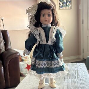 Porcelain Doll in Dark Teal Lace Dress - Vintage Style Kids Toy 14" tall